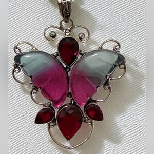 Sterling Silver 925 Heavy Tourmaline Garnet Butterfly Pendant 2.5"